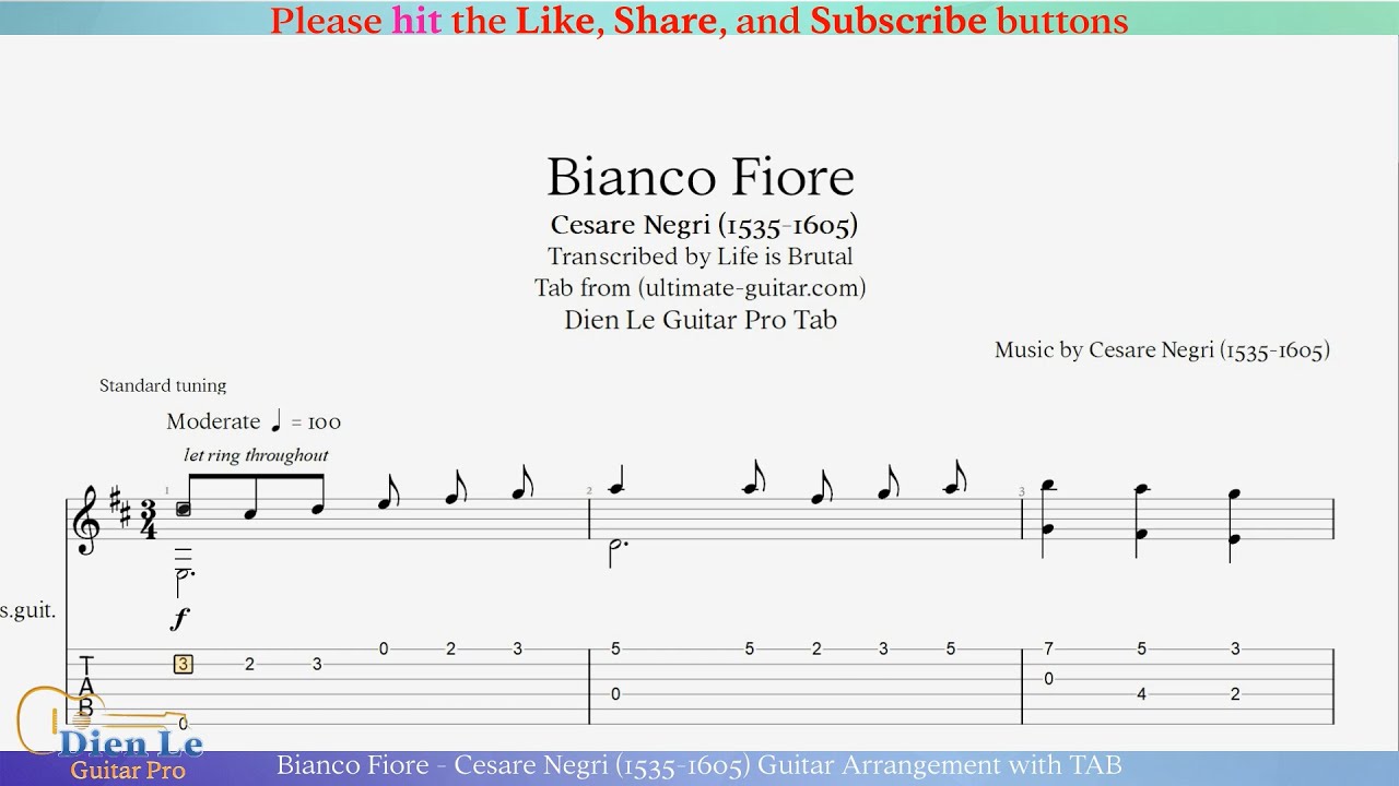Bianco Fiore - Cesare Negri (1535-1605) Guitar Arrangement with TAB