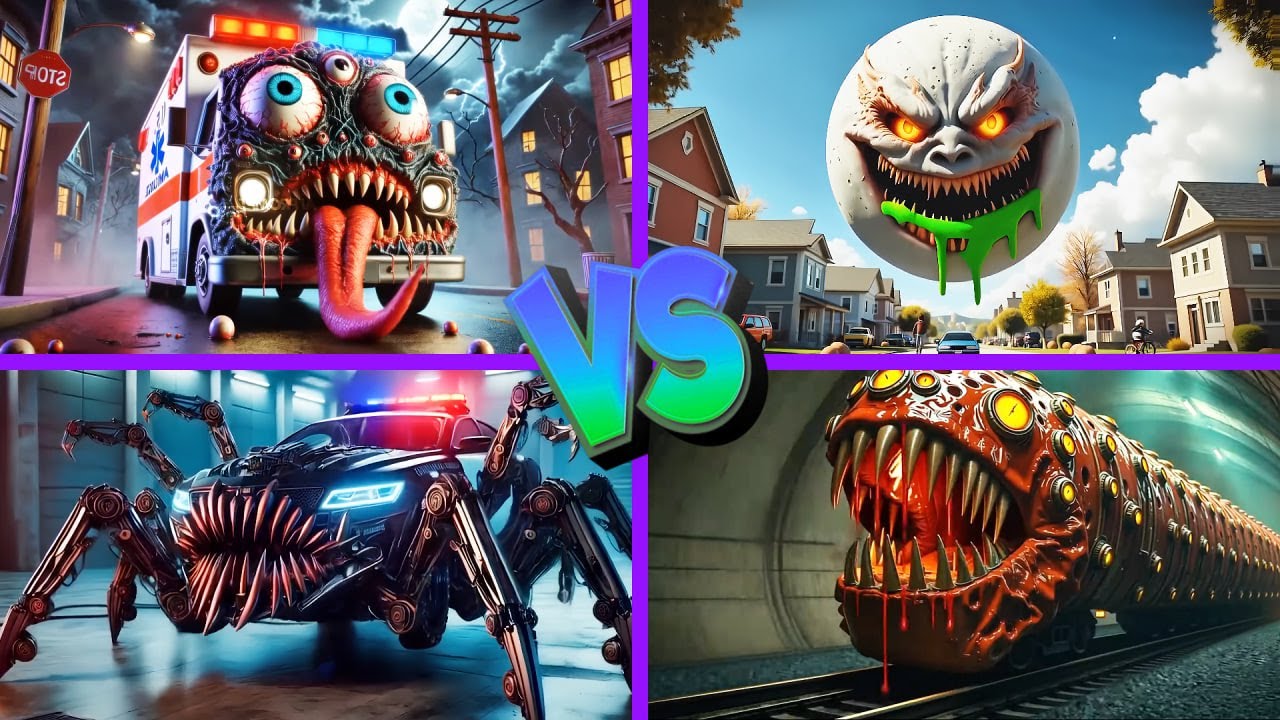 Train Eater🆚The Lunar Moon🆚Ambulance Eater🆚Police Car Monster - Tiles Hop EDM Rush 🎶
