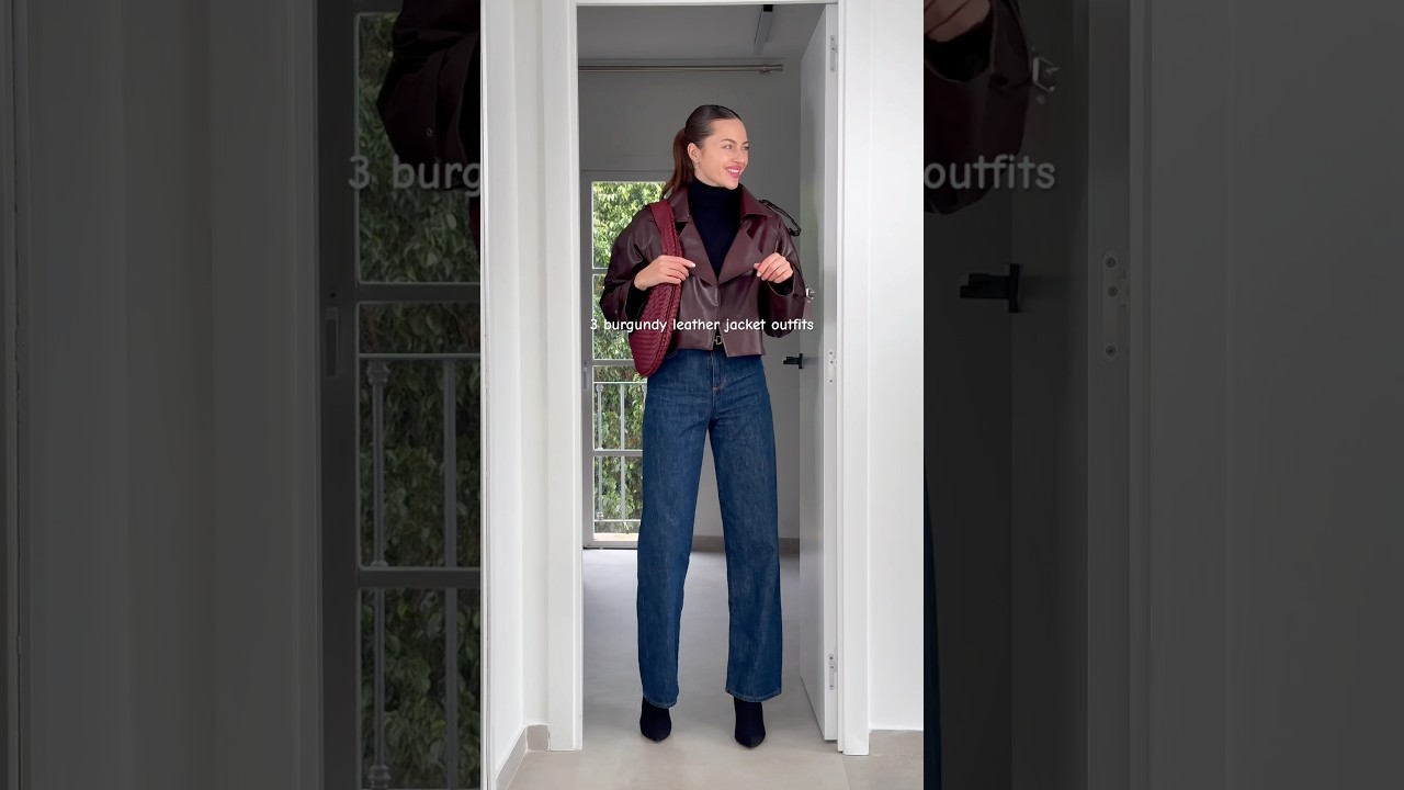 3 burgundy leather jacket outfits #leatherjacket #outfitideas #outfitinspo #whattowear