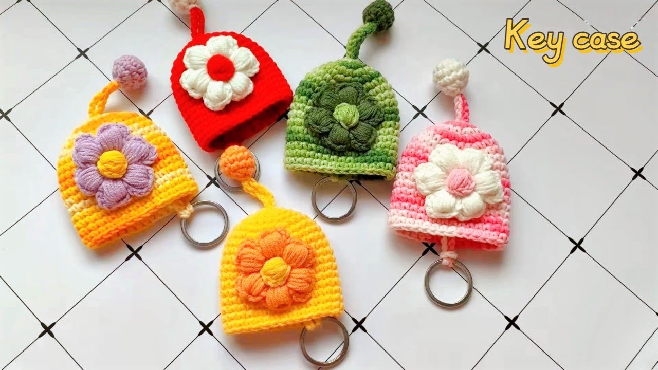 Crochet  puff  flowers key case/key medals