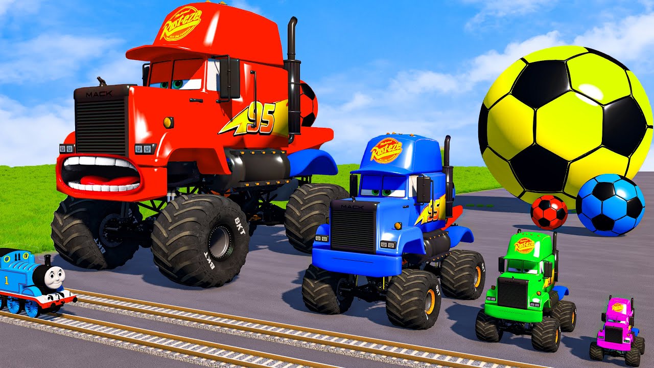 4 MONSTER TRUCKS vs Big & Small Long Mack Truck with Ball vs Train Thomas - BeamNG.Drive