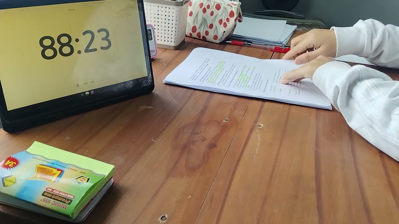 Morning study session, 1 hour and 30 minutes | Background noise, no music, no break, consistency.