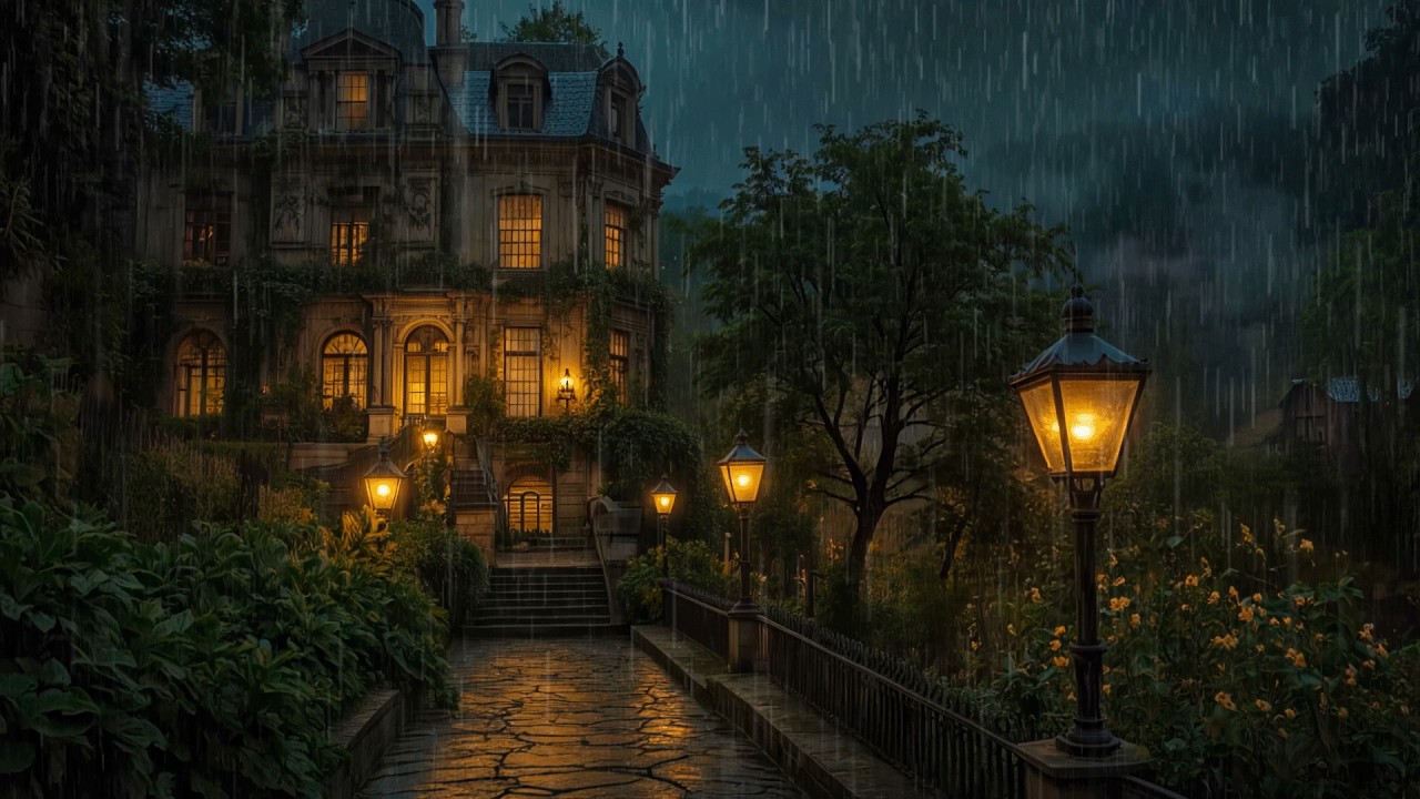 Under Soft Rain — Lights Glow Along the Path to a Forgotten Manor | Dark Academia Aesthetic