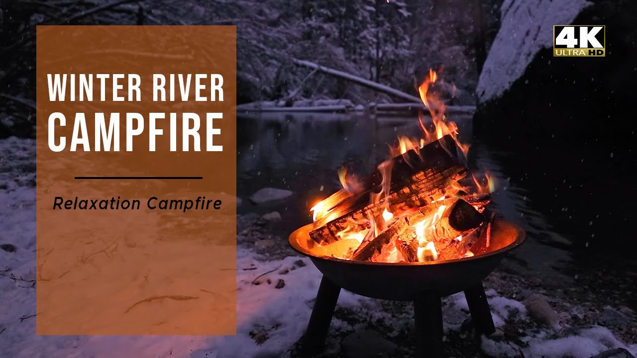 🔥 Snowy Winter & River Campfire with Crackling Fire Sounds & Relaxation Water Sounds, 4K video