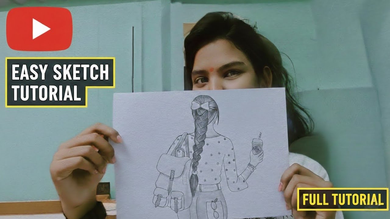 How to Draw a Girl with Long Braid and Backpack from Behind | Draw a Girl with Coffee & school bag