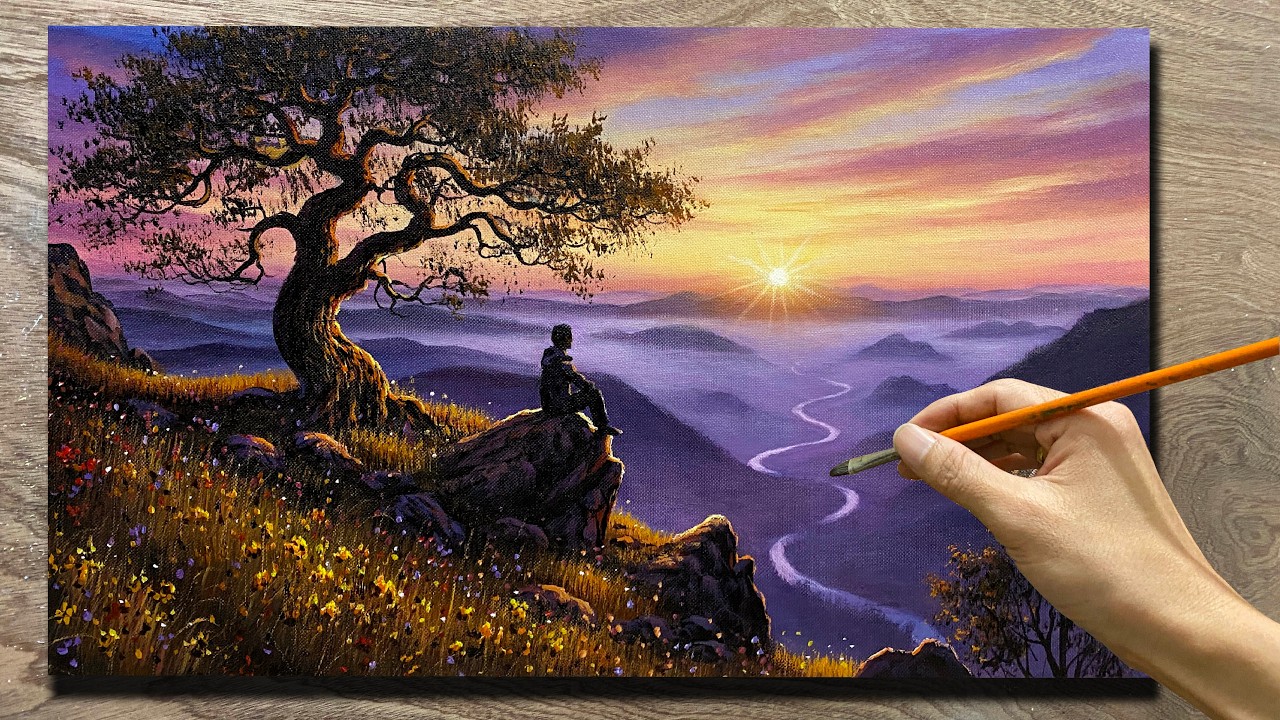 How to draw landscape painting /#104/ Lonely sunset / Acrylic landscape painting / A Lu Art