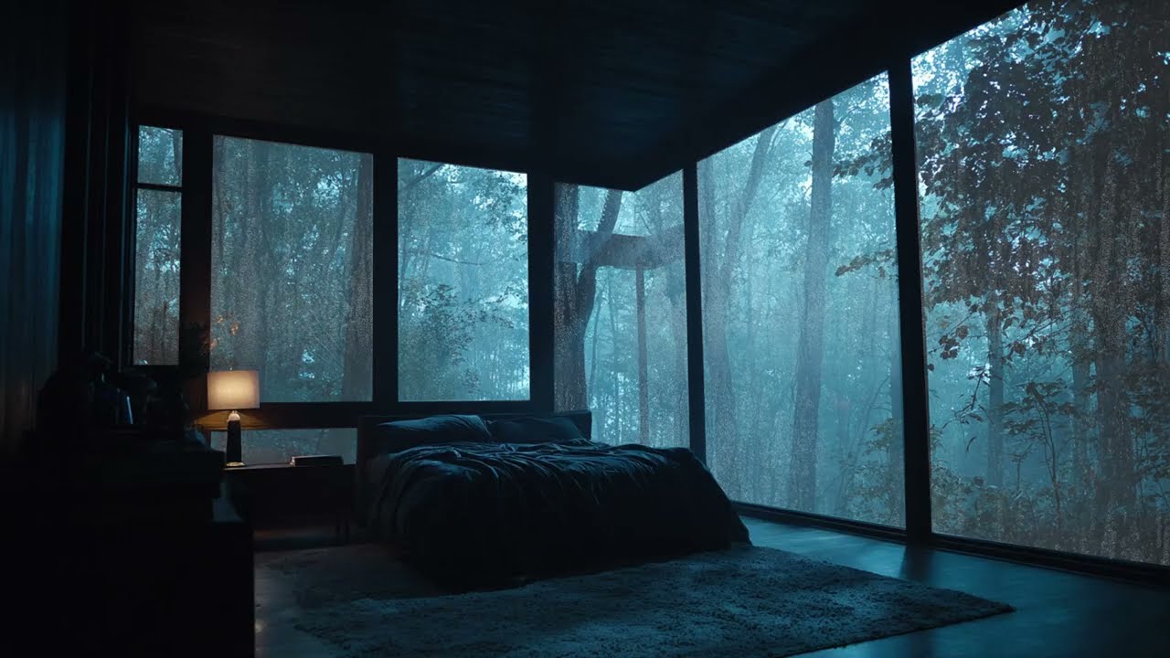Heavy Rain on Window in a Forest Bedroom - Calming Rainstorm Sounds for Sleep and Dreaming