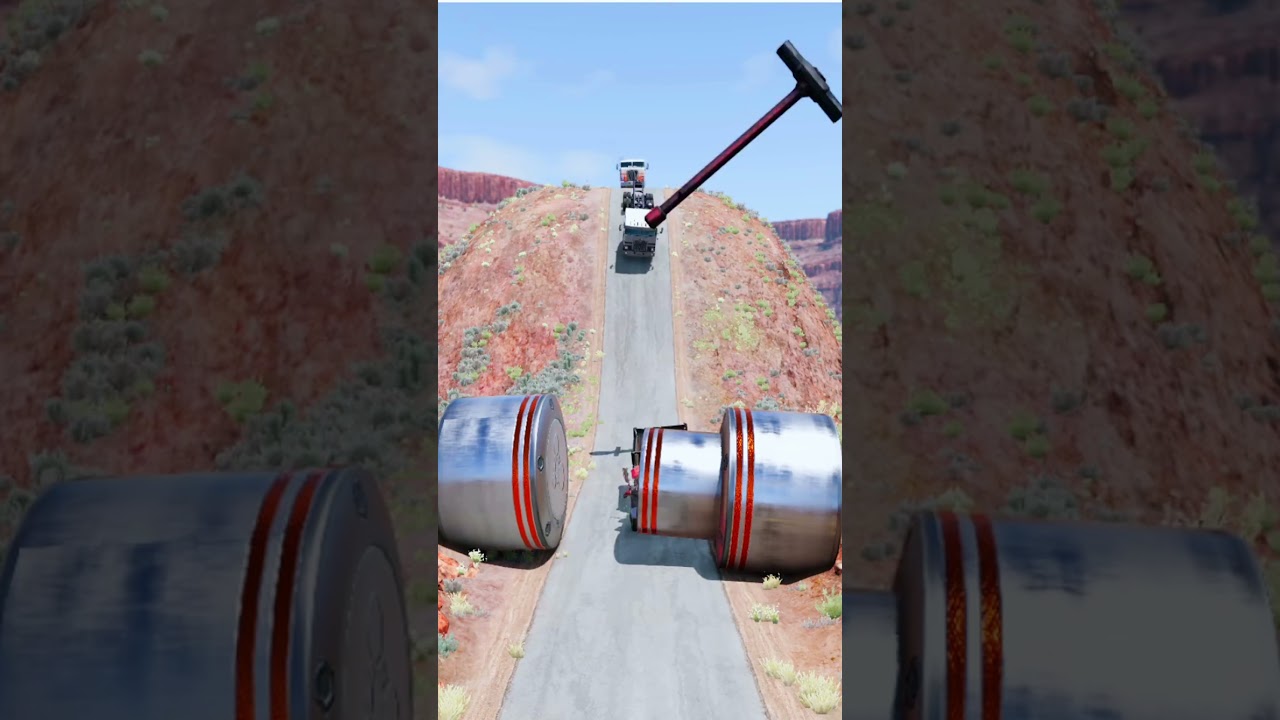 Cars Vs Giant Hammer & Bollard BeamNG.Drive