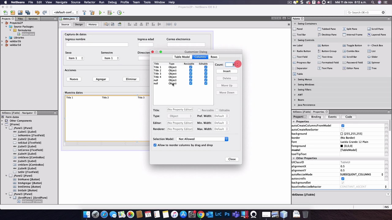 Manejo de tablas, métodos, validación de datos en NetBeans