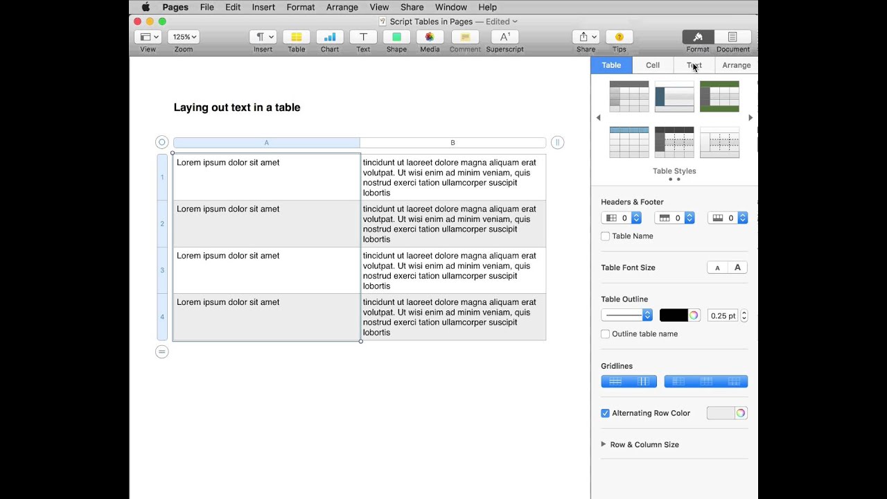 Tables in Pages