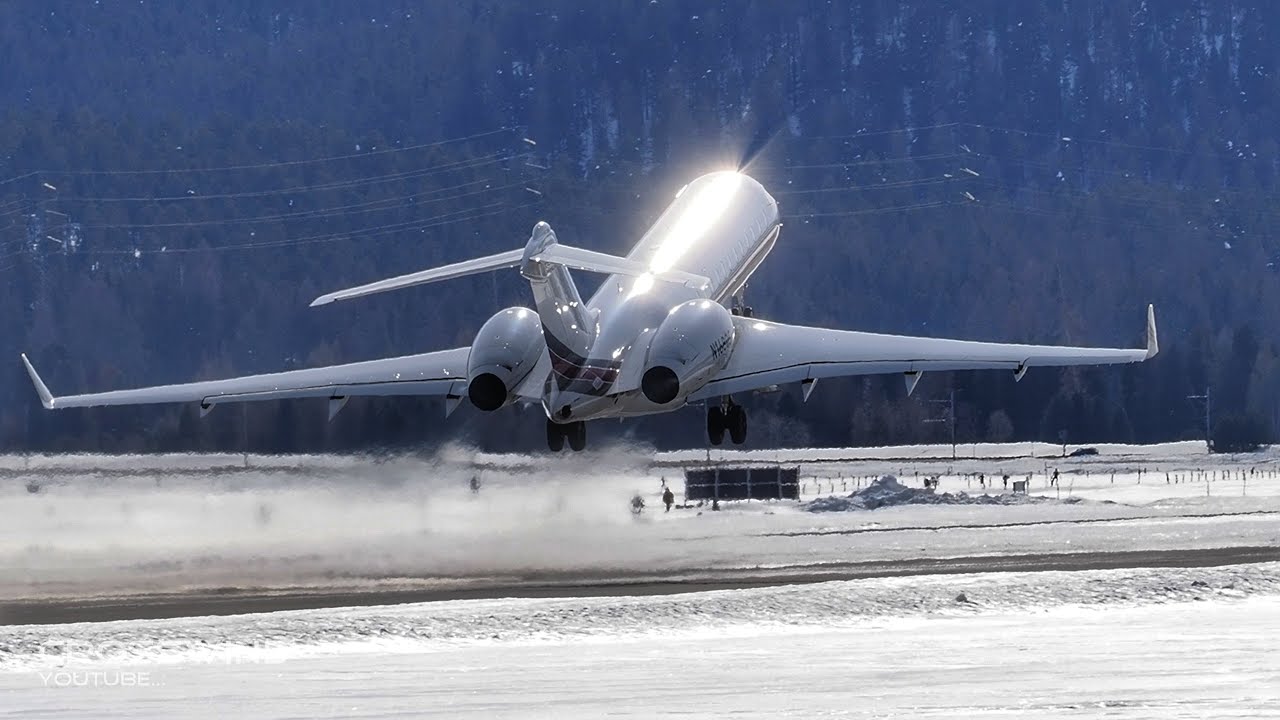 Bombardier Global 6000 CLOSE UP TAKEOFF & LANDING at Snowy Samedan Engadin Airport 23.02.2025