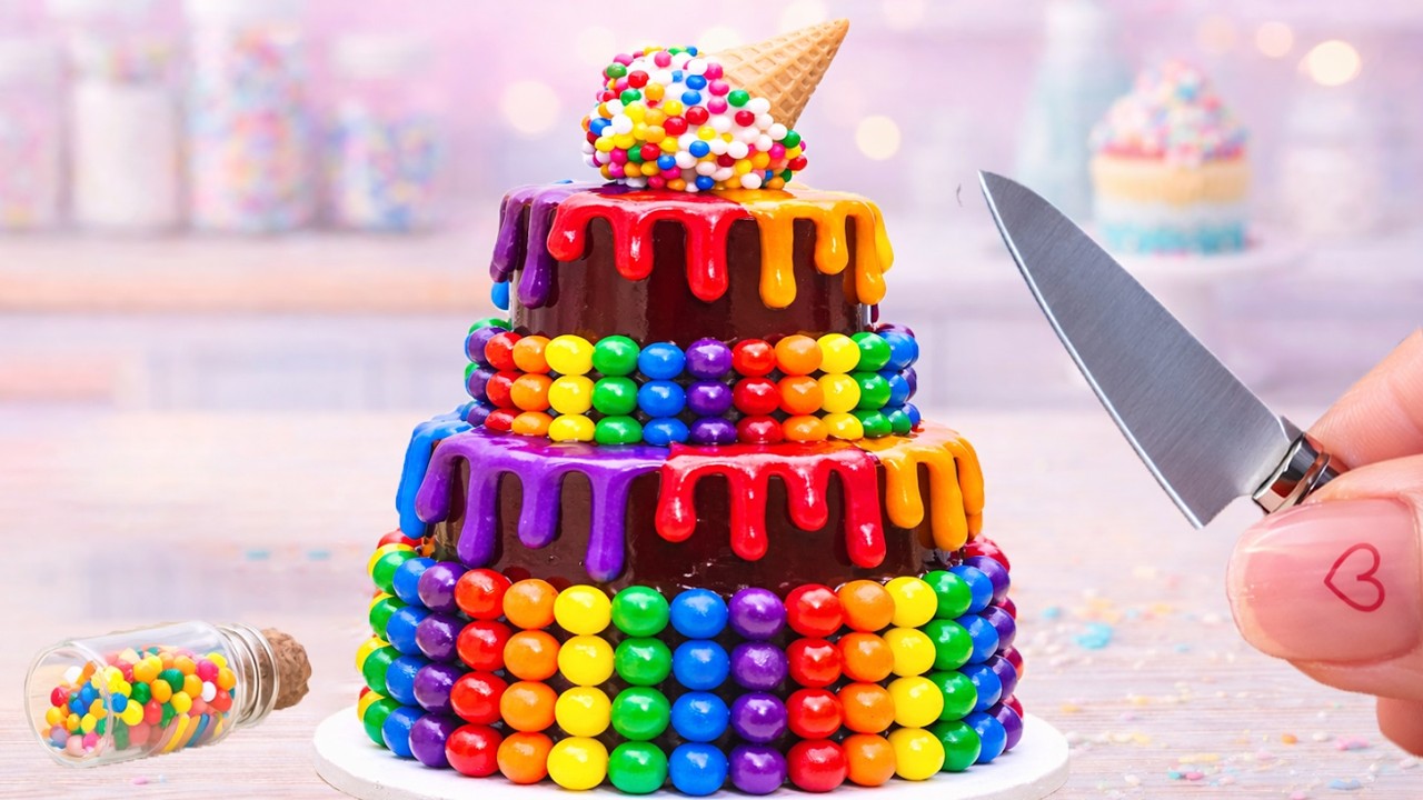 So Satisfying Rainbow Cake with Chocolate Drip 🌈🍬 | Ice Cream Topping ASMR