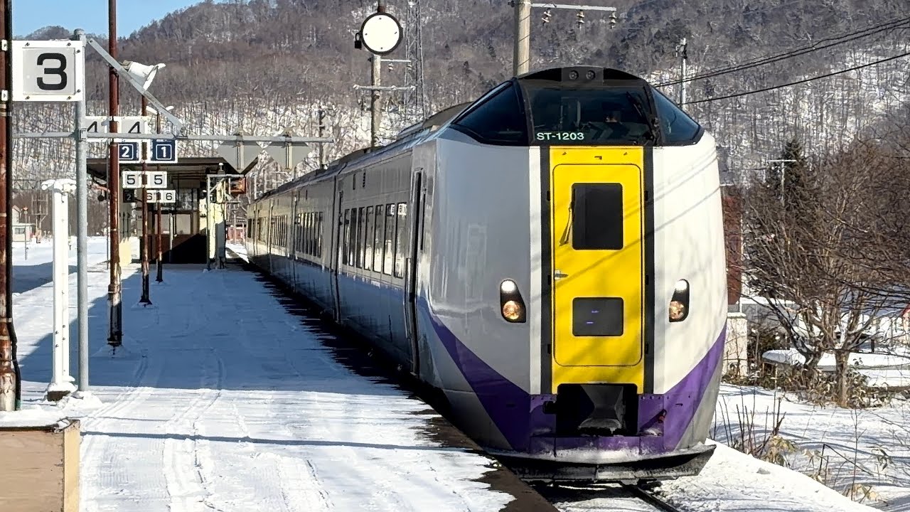 冬の新夕張駅を発着する5両編成特急とかち４号、３号、DF200-112号機牽引貨物列車、通過する7両編成特急おおぞら４号［JR北海道/石勝線］ #JR北海道 #石勝線 #キハ261系 #特急列車