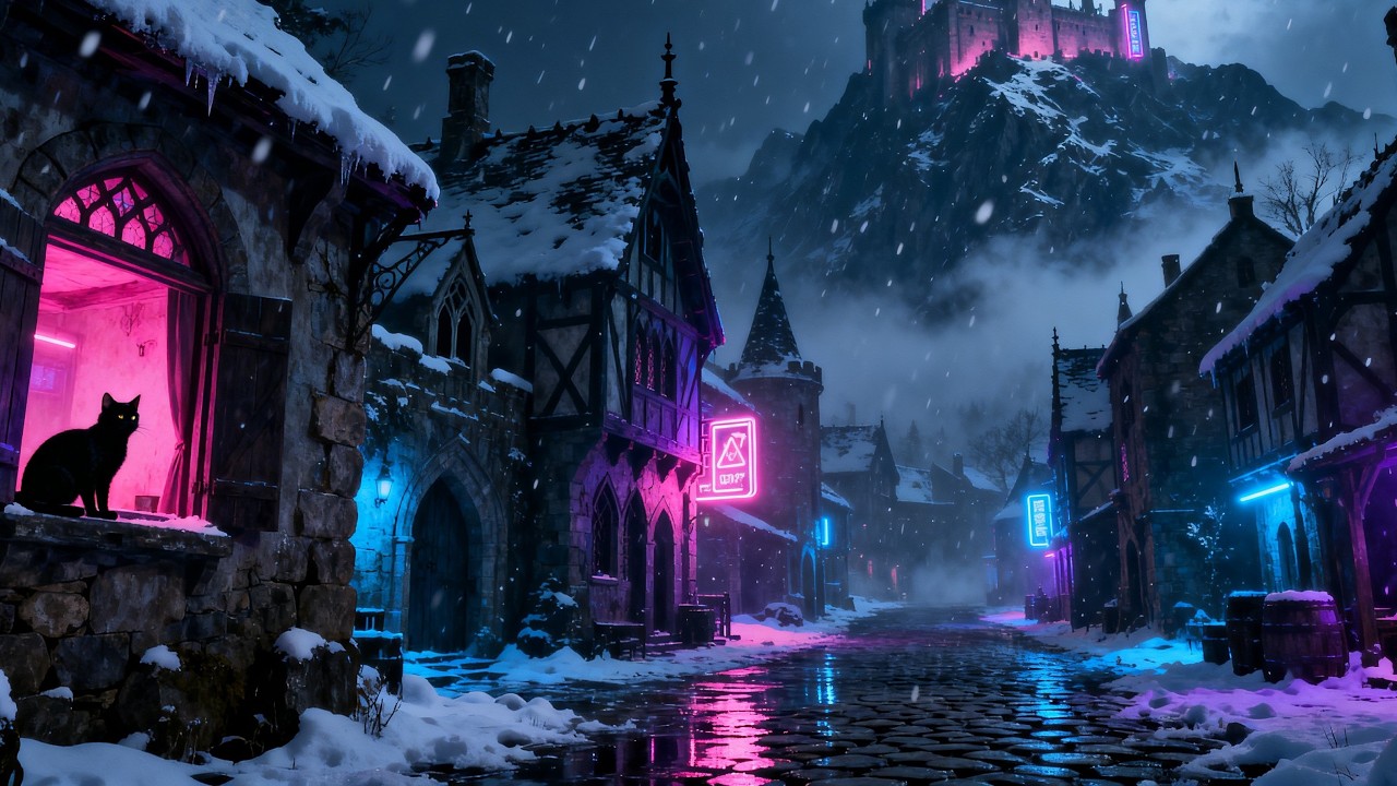 Neon Snowfall 🐈‍⬛ Cyberpunk Village Ambience: LoFi Jazz Night Walk & Cozy Glow