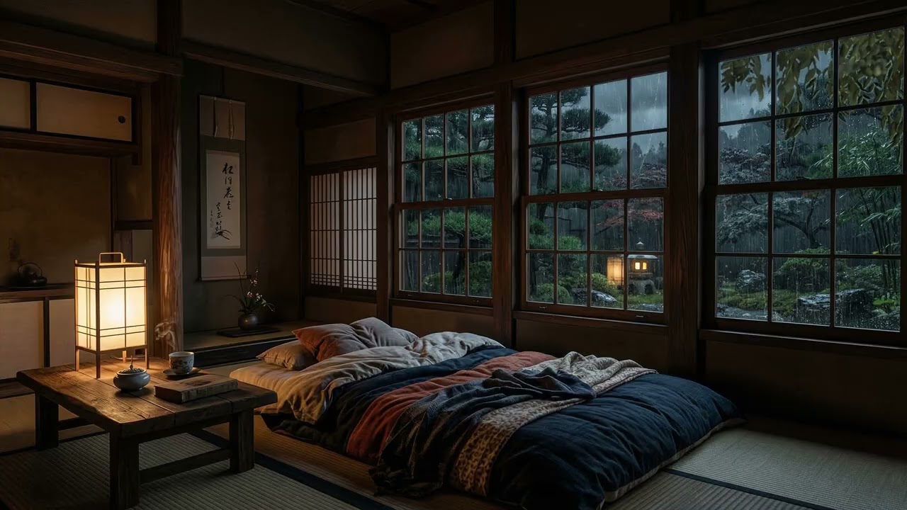 Soft Rain 🌦️ Along A Traditional Japanese Wooden Street While Lanterns 🏮 Glow In Mist