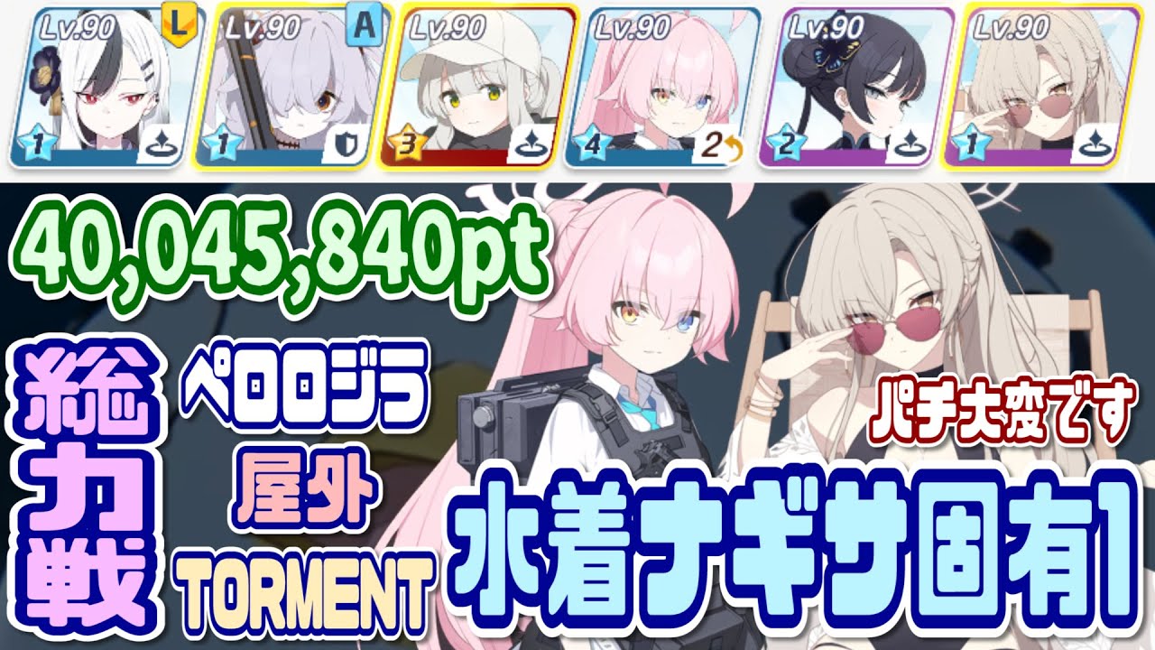 【ブルアカ】TORMENT：水着ナギサ固有1 総力戦ペロロジラ屋外1凸 40,045,840pt 【ブルーアーカイブ】