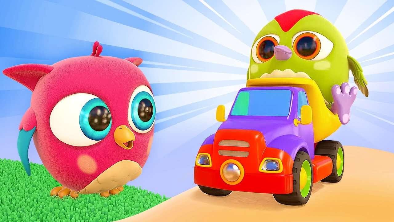 Hop Hop the owl and Peck Peck the woodpecker are playing with a dump truck and a tractor.