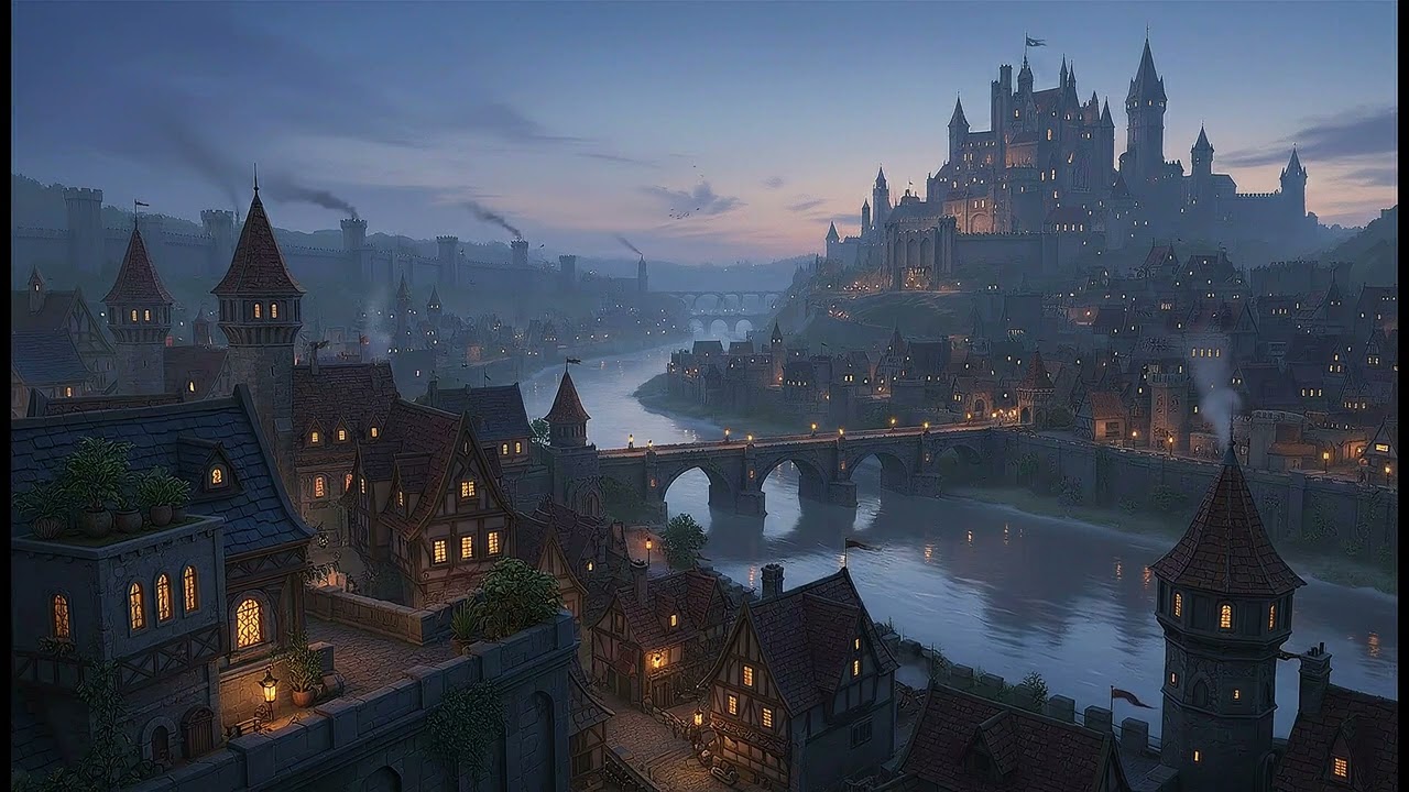 Peaceful Medieval City Night Ambience for Focus (4K)