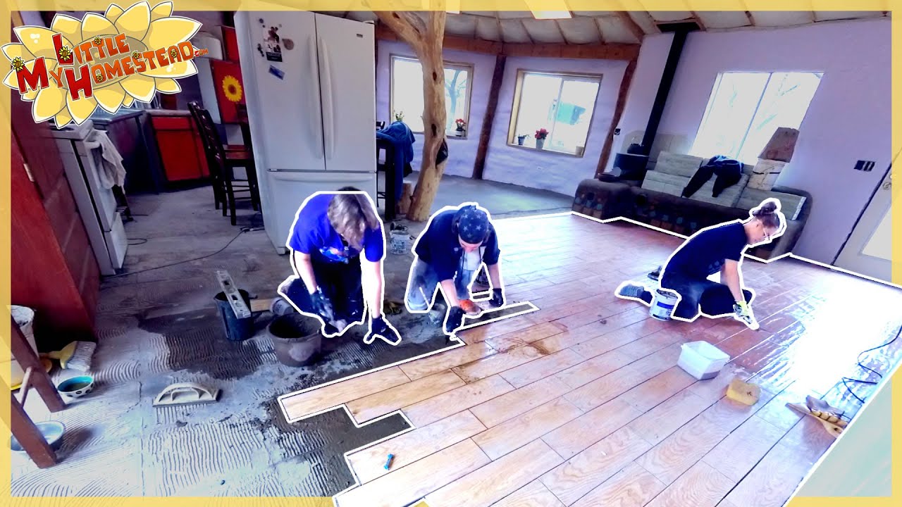 Demo Floor & Install Wood Tile  | Earthbag Kitchen & Bath | Weekly Peek Ep165