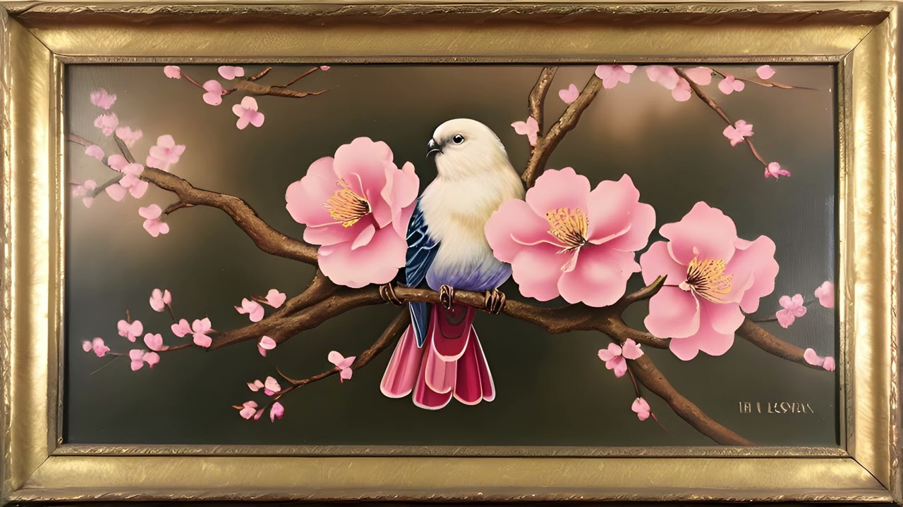 Gold Framed Vintage Art Painting |Tv  Screensaver | Floral Tv Screensaver | Bird Sitting In Tree