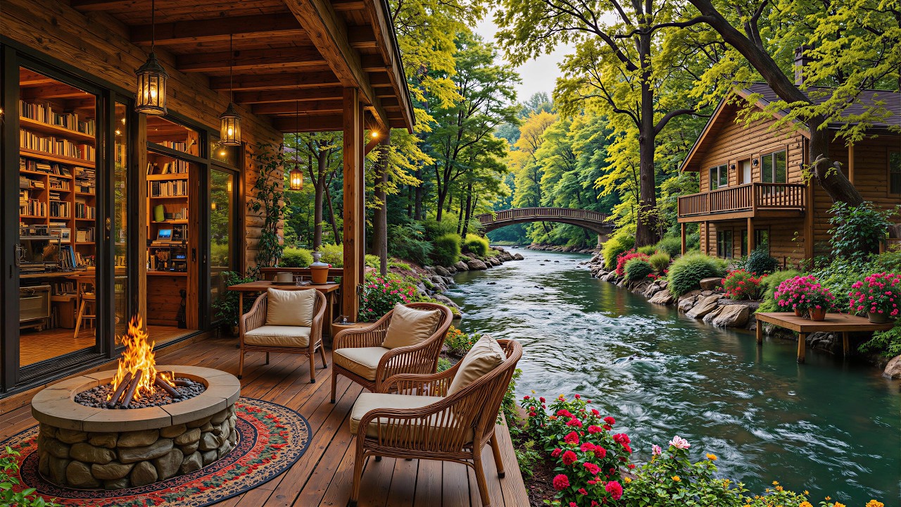 The Most Relaxing Spring Morning Riverside Porch🌿Soothing Piano Music with Campfire & Bird Songs