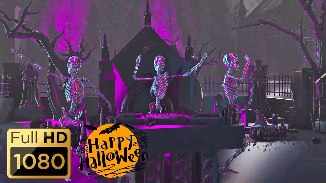 DJ HALLOWEEN PARTY BACKGROUND - DJ Dancing Skeletons. Scary Video. Halloween Loop Video (No Sounds)