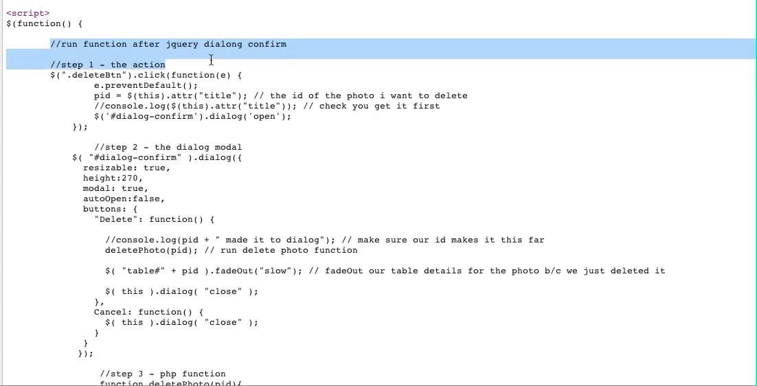 Run a PHP or jQuery Function after jQuery UI Dialog Confirmation