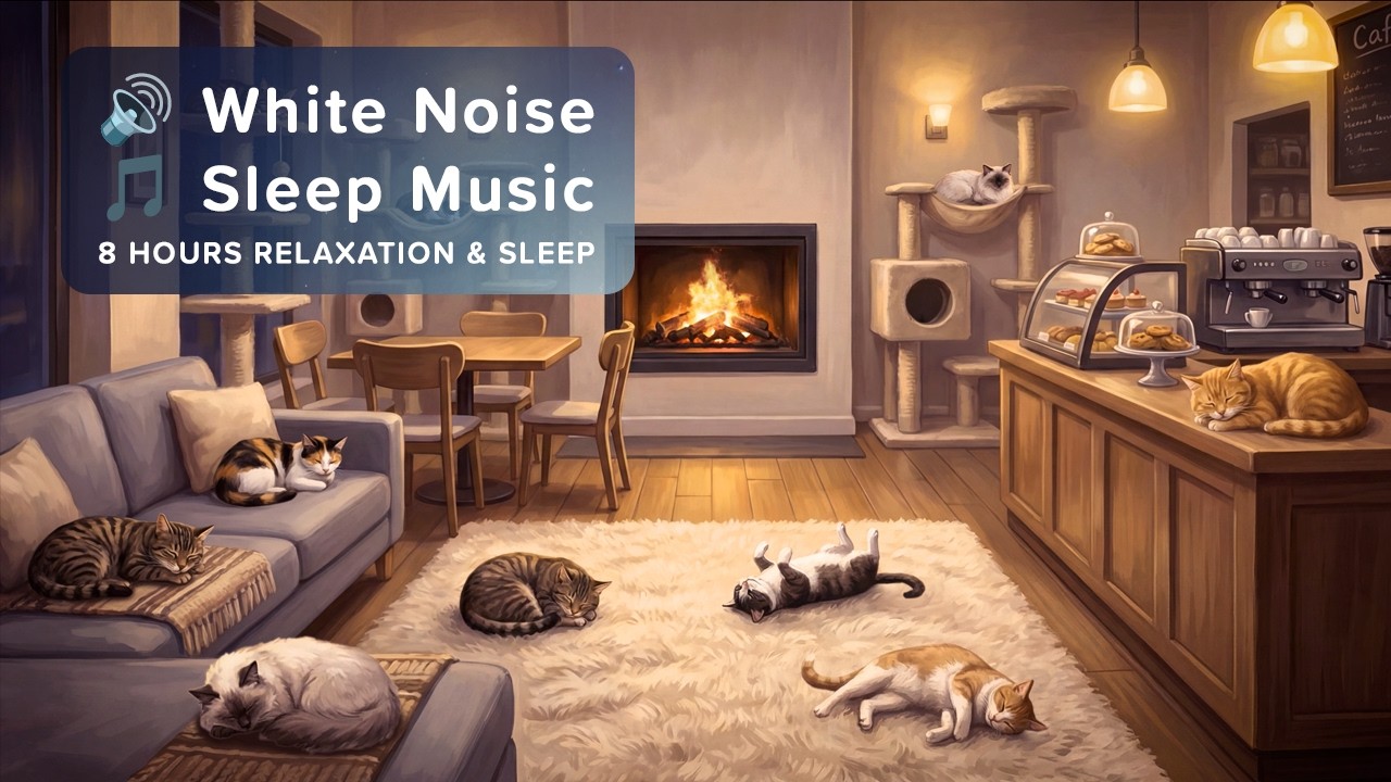 🎵 8 Hours Sleep & Relaxation - Cozy Cat Café | Warm Ambient Jazz, Felt Piano, Purring & Fireplace