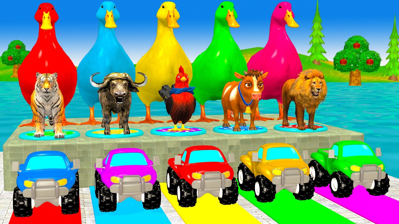 Long Slide Game With Cow Elephant Gorilla Hippopotamus Tiger - 3d Animal Game - Funny 3d Animals
