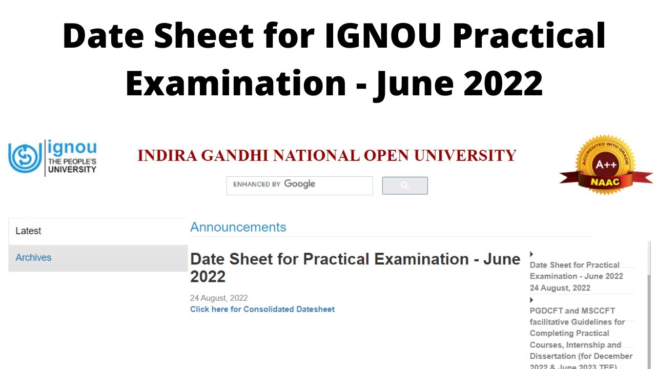 IGNOU June 2022 Practical Exam Date Sheet | Date Sheet for IGNOU Practical Examination - June 2022