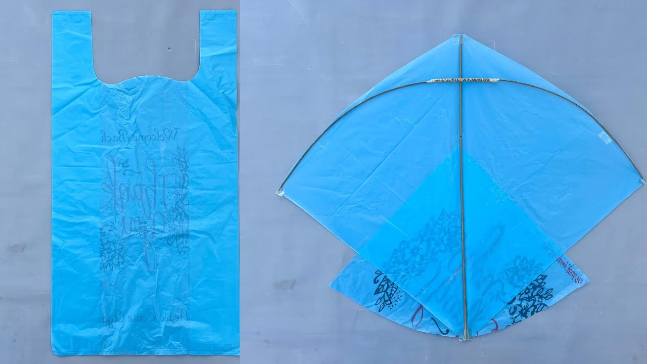How To Make A Kite With Plastic Bag Shopper & Broom Sticks || Kite Making At Home, 2tawa Gudda 😍