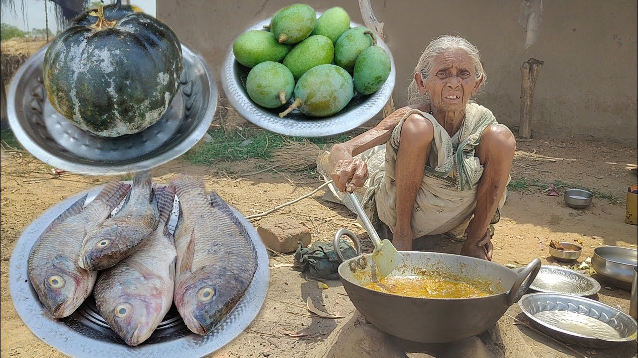 100 year old poor Grandma cooking TILAPIA FISH CURRY with Mango fruit & Pumpkin recipe & eating