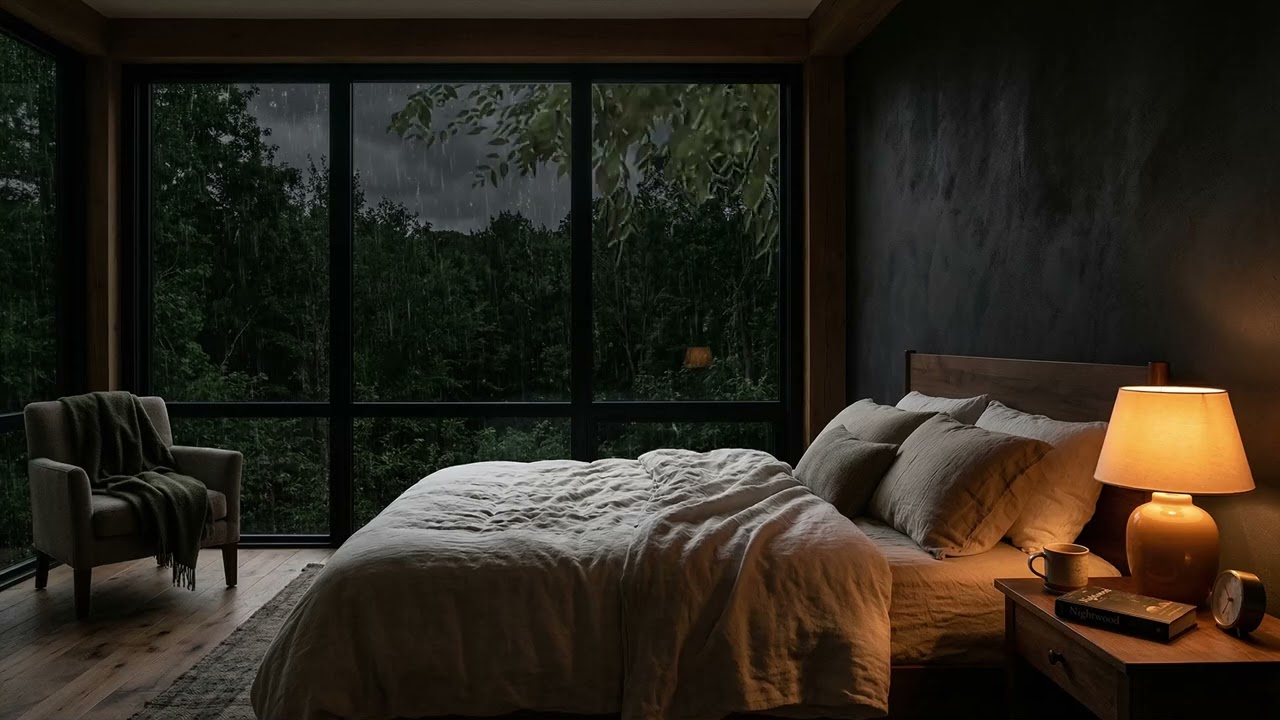 Gentle Rain 🌧️ Drifting Past A Cozy Bedroom Window While Forest Pines 🌲 Fade Into Mist