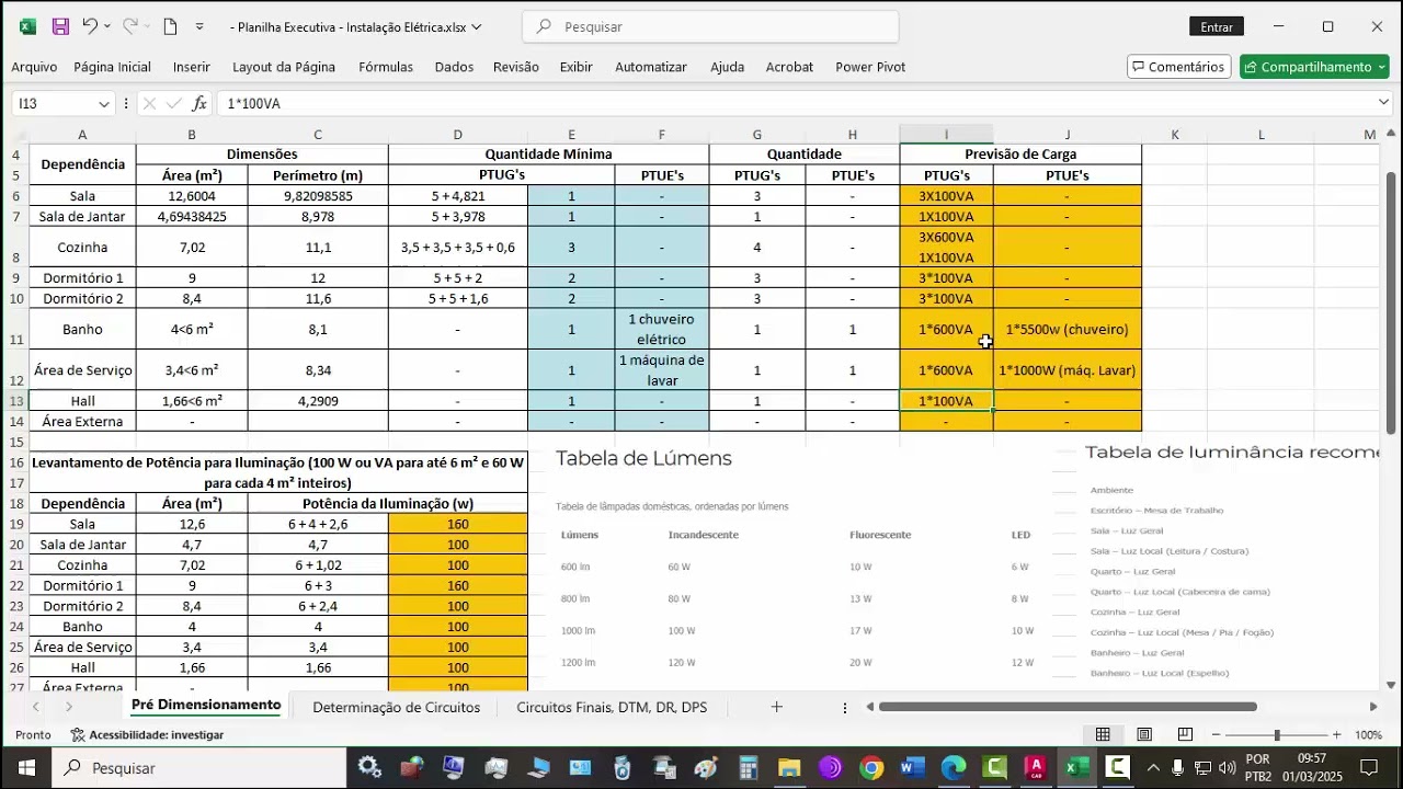 PLANILHA DIMENSIONAMENTO INSTALAÇÃO ELÉTRICA PREDIAL