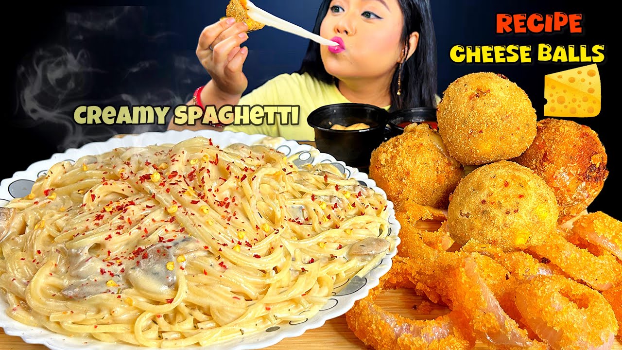 COOKING & EATING | CREAMY MUSHROOM SPAGHETTI PASTA, CHEESE BALLS, ONION RINGS | MUKBANG | ASMR