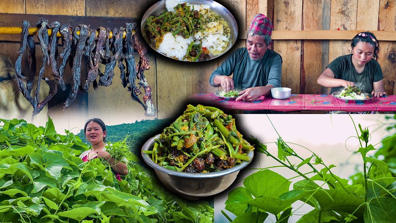 Squash Leaves & Buff Dry meat Mix recipe with Rice Cooking & Eating || New Nepali Village food Vlog