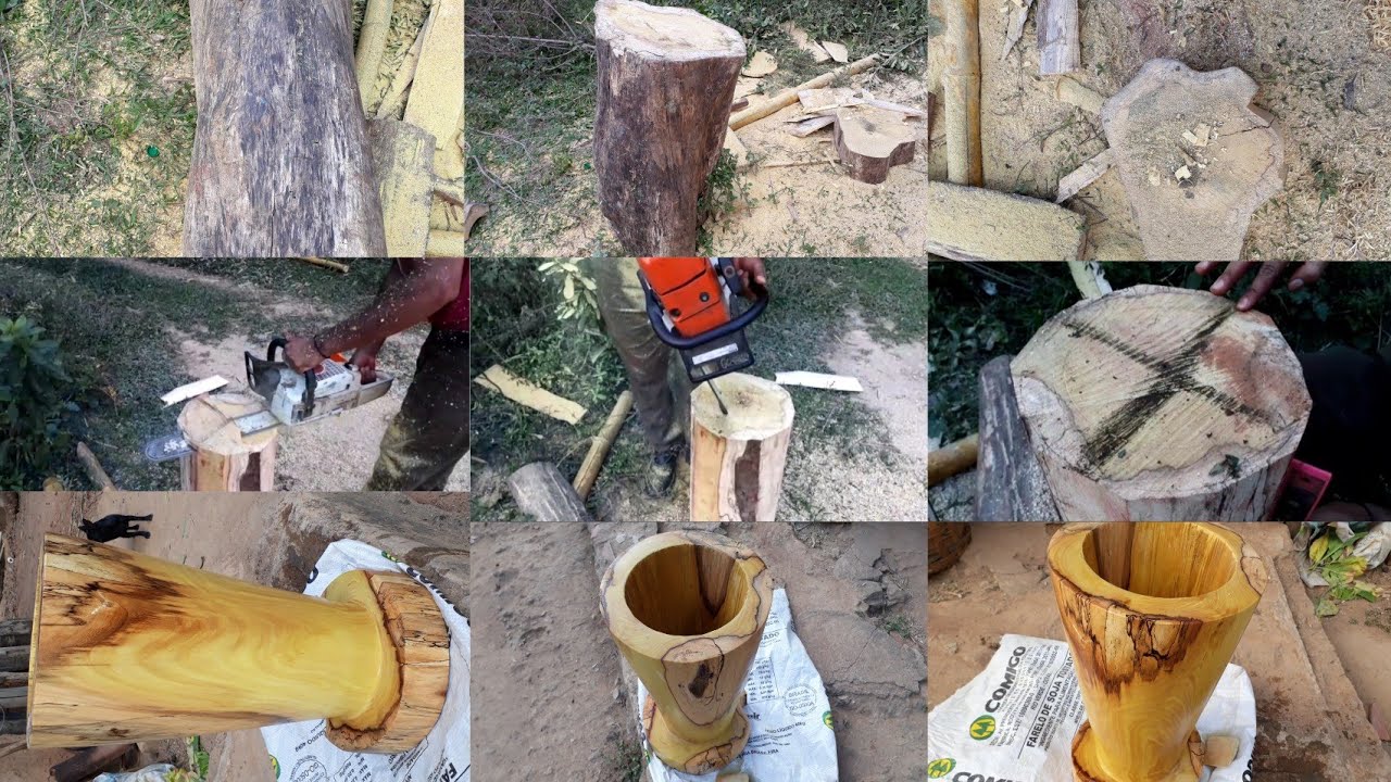 pilão de madeira 95% feito de motosserra passo a passo.(parte(2)