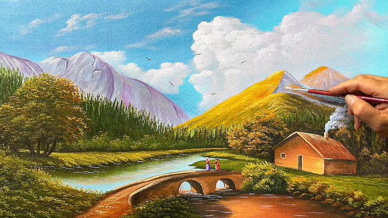 How to Paint a Peaceful Mountain River & Cottage | Easy Acrylic Landscape Tutorial