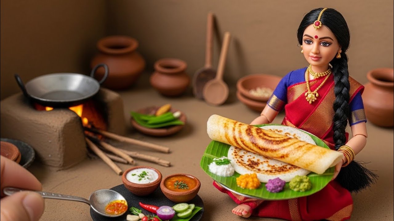 Tiny Masala Dosa in Village Kitchen | Miniature Doll Cooking ASMR / 