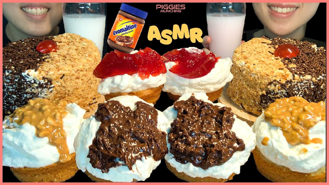 ASMR) CREAM CUSTARD CAKE (ft. Ovomaltine chocolate spread, peanut butter) DESSERT MUKBANG No Talking