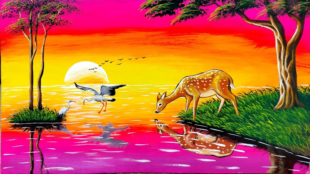Sunset nature drawing and painting with animals | painting 513