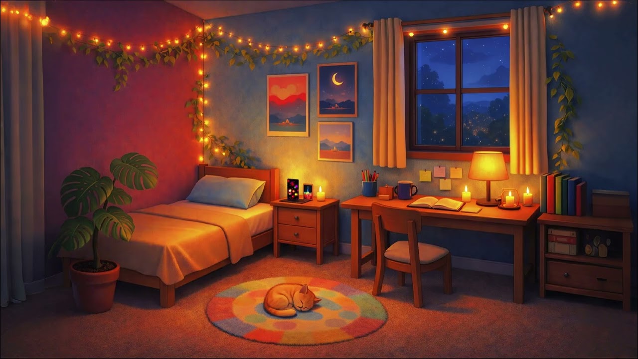 Cozy Night Study Room | Quiet Night Calm Focus Music & Warm Ambience Reading & Focus