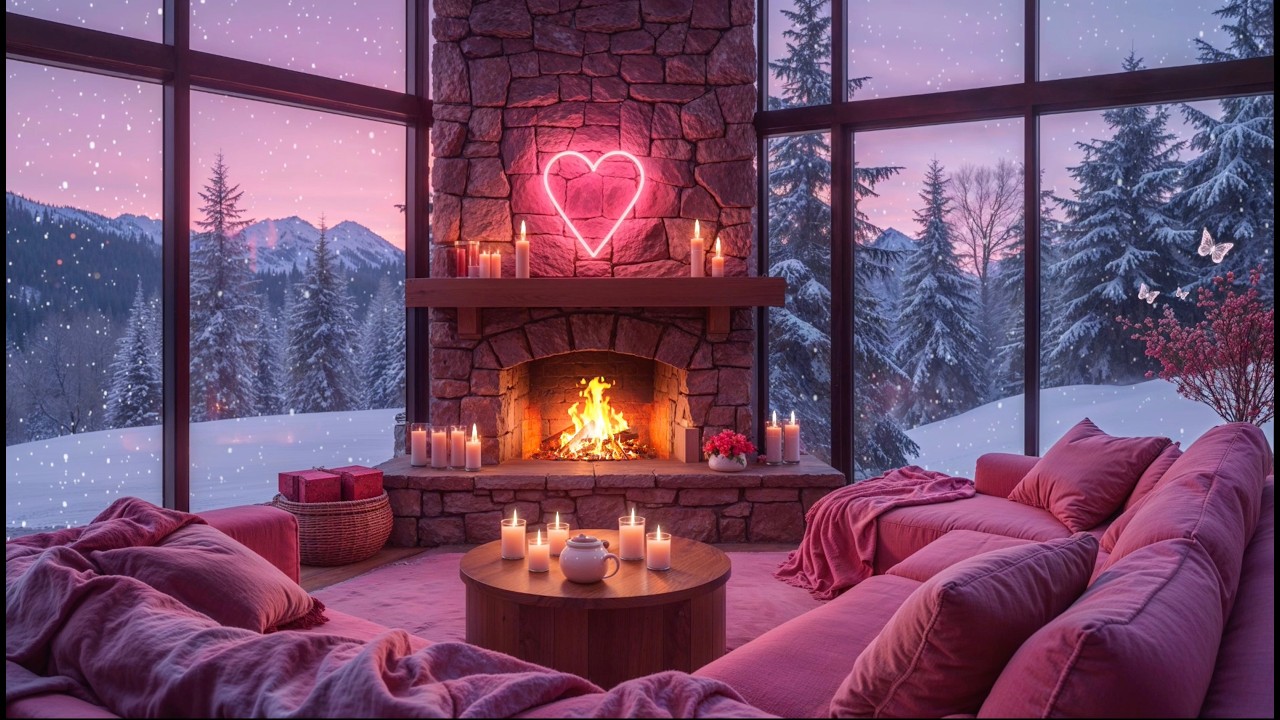 Romantic Pink Valentine’s Day 💞 Romantic Jazz & Cozy Fireplace Ambience