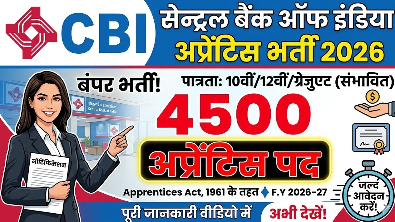 Central Bank of India Apprentice Bharti 2026) for 4500 Apprentice Posts.  for F.Y 2026-27.