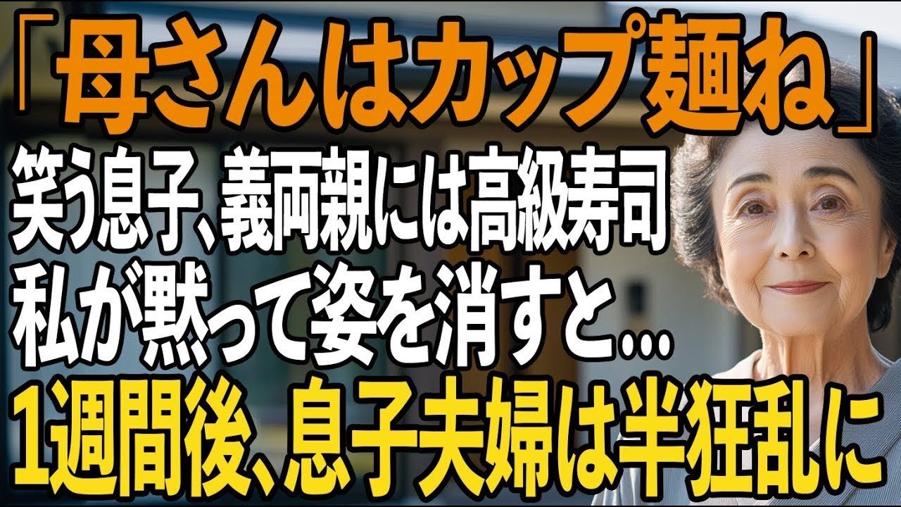 「母さんはカップ麺」義両親には高級寿司を出し、私にはカップ麵を出す息子。私は黙って姿を消し、即すべての援助を停止した→1週間後、息子夫婦は半狂乱に…【シニアライフ】【60代以上の方へ】