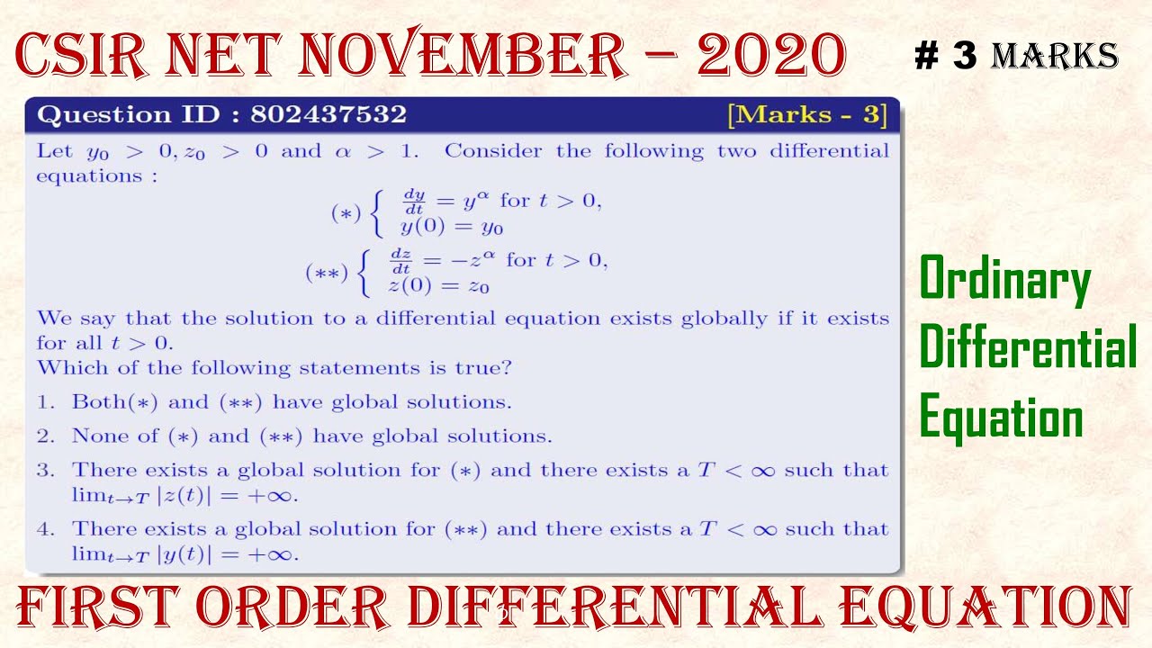 ||CSIR NET NOVEMBER - 2020|| Question ID : 802437532|| ODE || First Order Differential Equation||