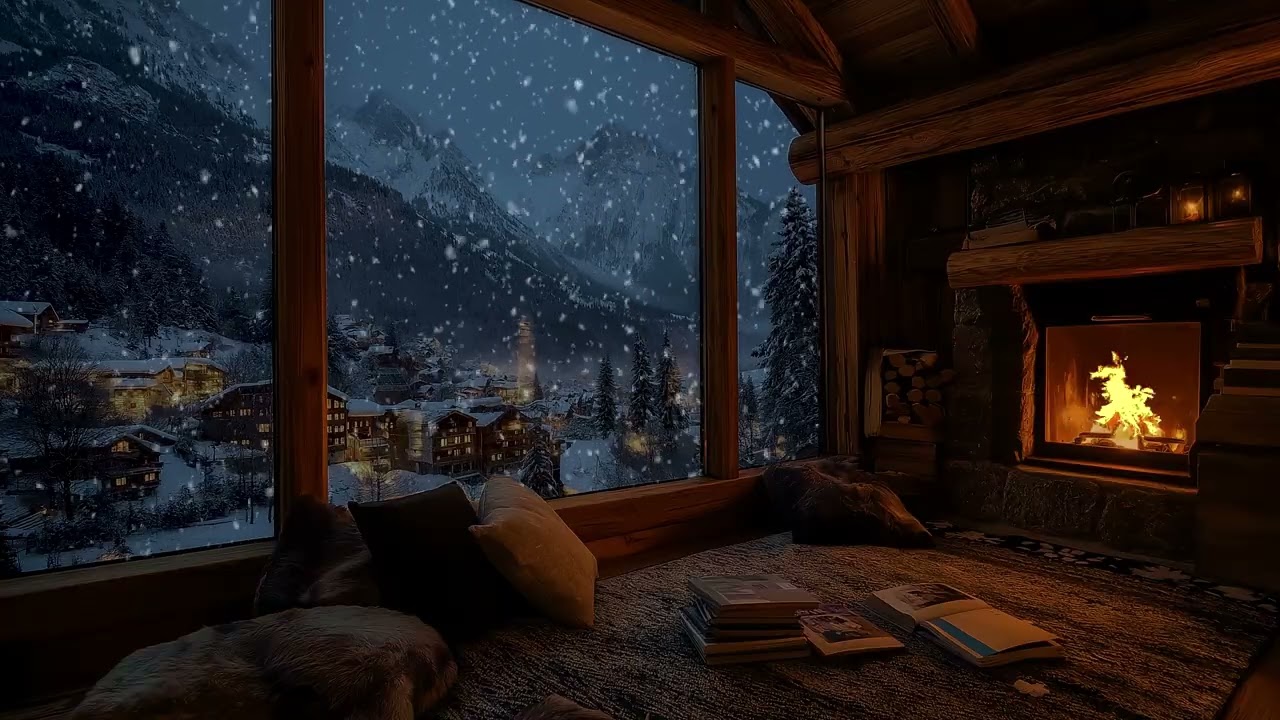 Peaceful Night's Sleep in a Warm Winter Cabin with Gentle Fireplace Glow and Snowstorm Ambience