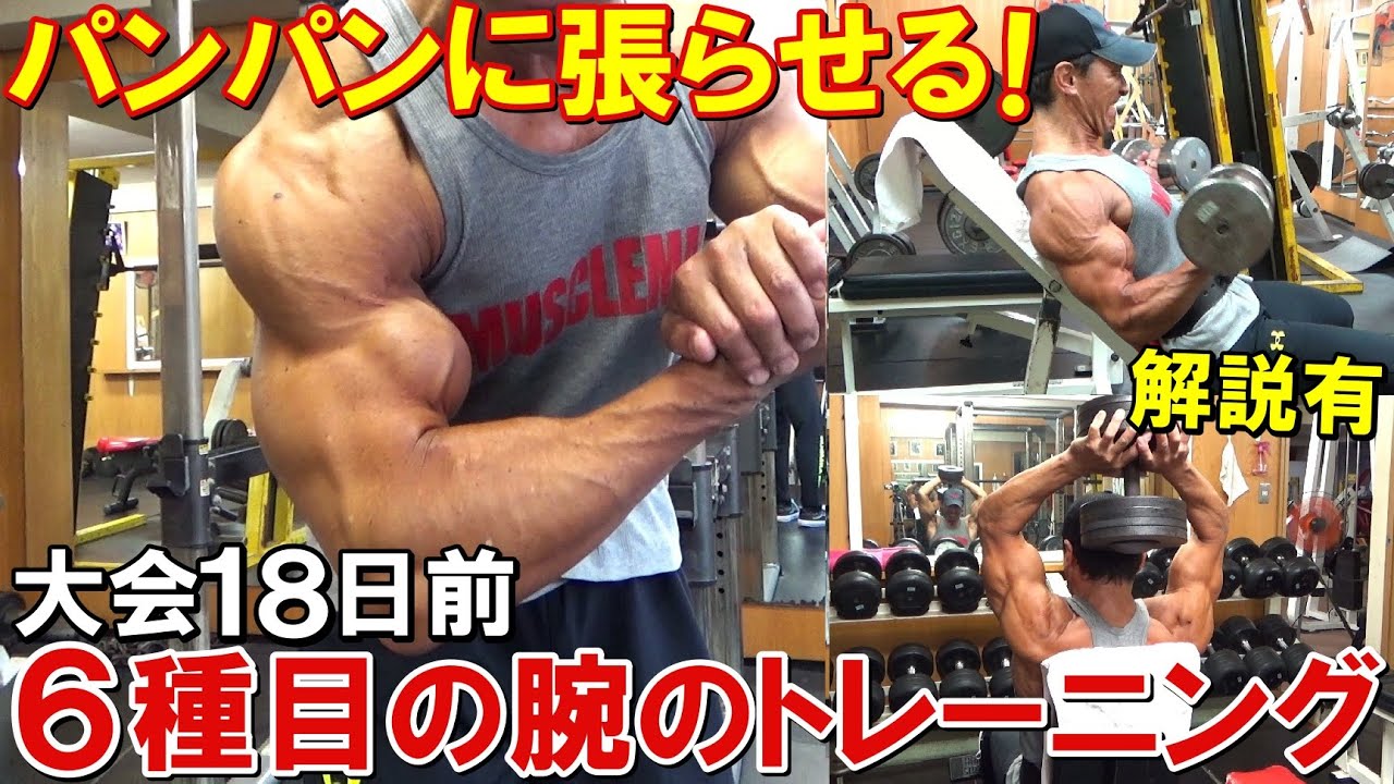 【筋トレ】大会18日前の腕のトレーニング！6種目で追い込んで二頭筋と三頭筋をパンパンに張らせる！【解説有】