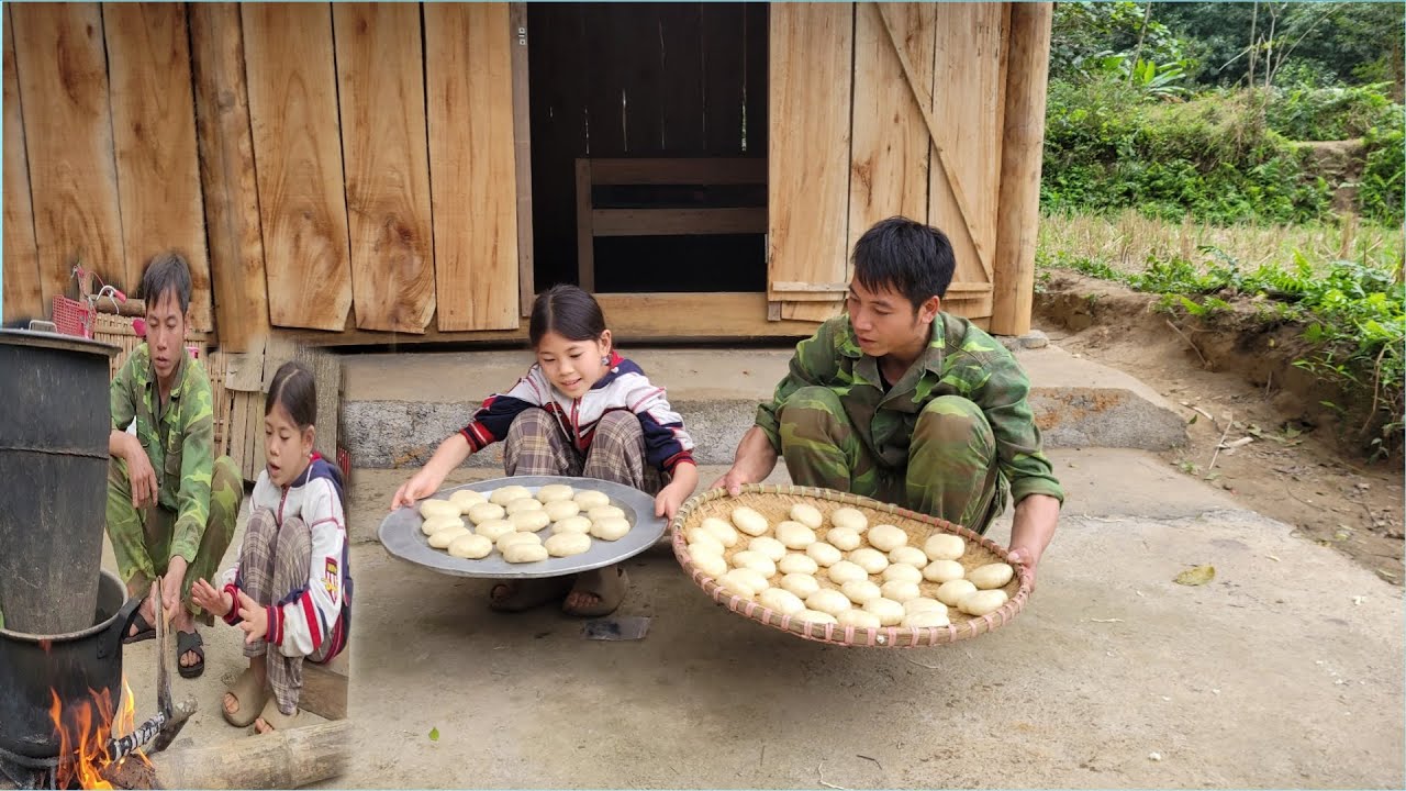The process of making delicious and unique cassava cakes by the uncle and little Thu.