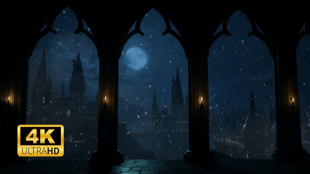 Winter Hogwarts Window with Snowfall and Soothing Wind Sounds for Study Focus and Restful Sleep
